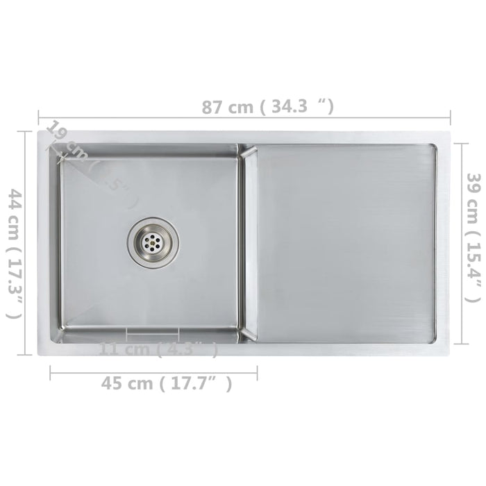 Lavello da cucina fatto a mano con piletta 87 x 44 cm in acciaio inox con finitura spazzolata 02_0004384