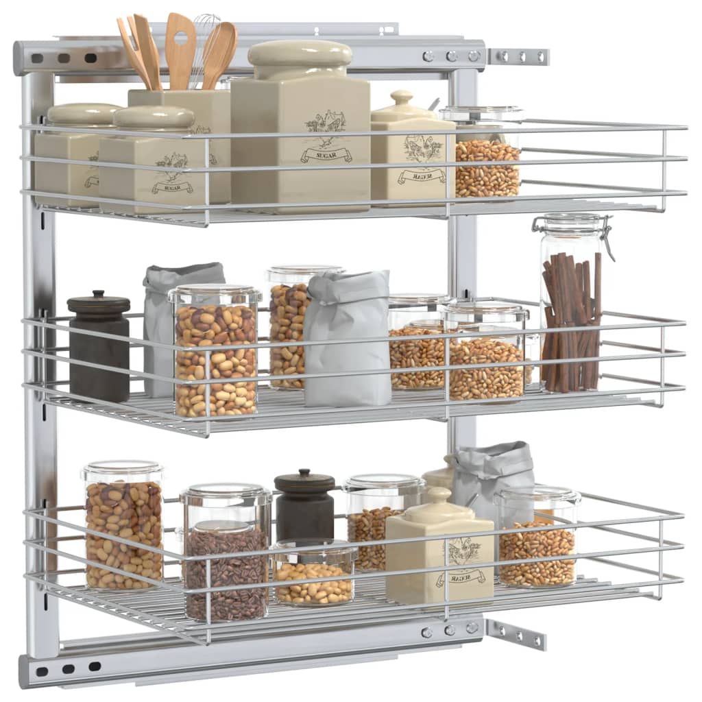 Cestino da Cucina in Rete a 3 Livelli-Scaffale per Cucina Argento 47x35x56 cm