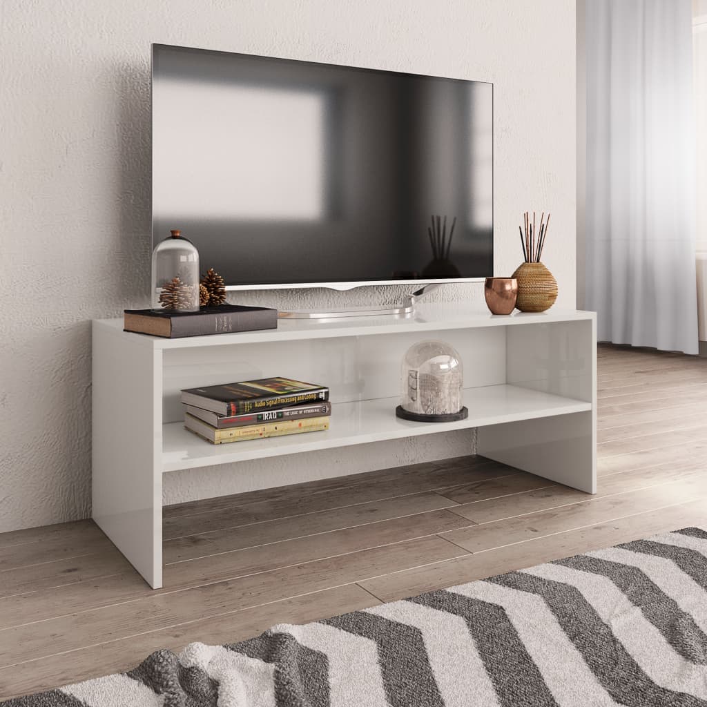 Mobile Porta TV Bianco Lucido 100x40x40 cm in Legno Multistrato 800051