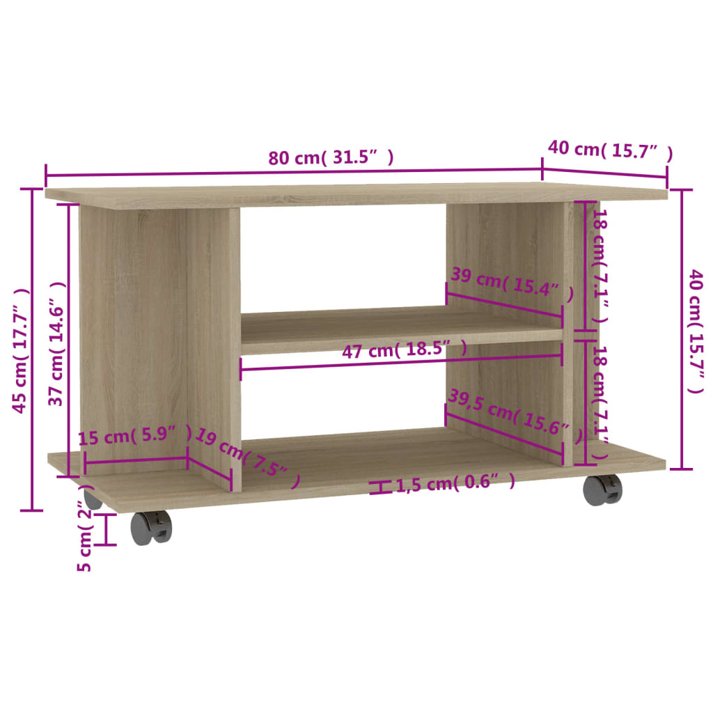 Mobile TV con Ruote-Credenza TV-Console TV Rovere Sonoma 80x40x45 cm Legno Multistrato