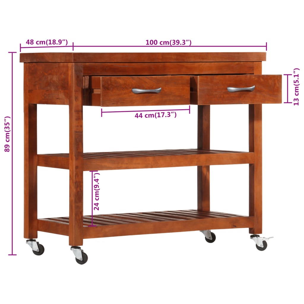 Carrello da Cucina 100x48x89 cm in Legno Massello di Acacia cod mxl 55413