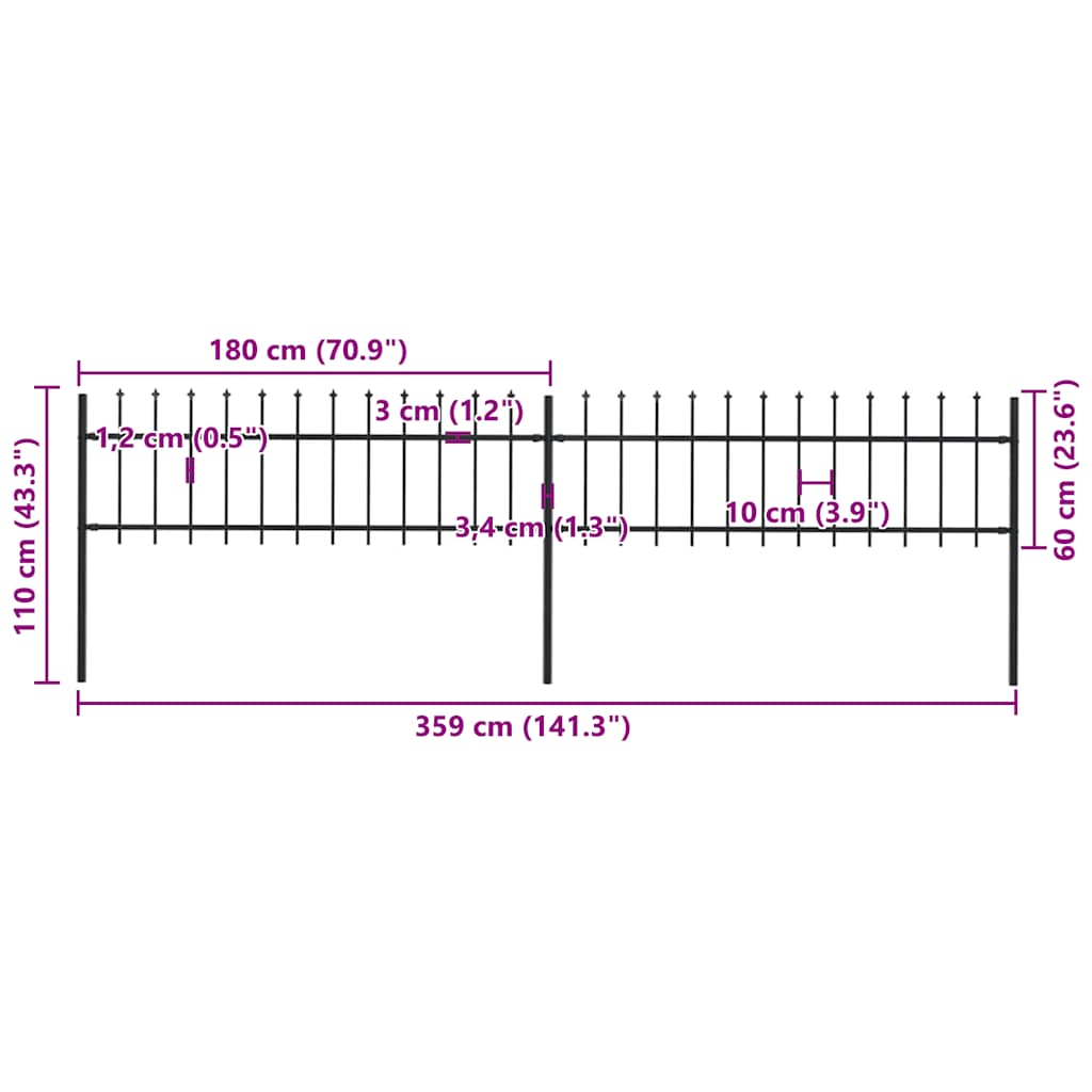 Recinzione Giardino con Punta a Lancia in Acciaio 3,4x0,6m Nera cod mxl 12331