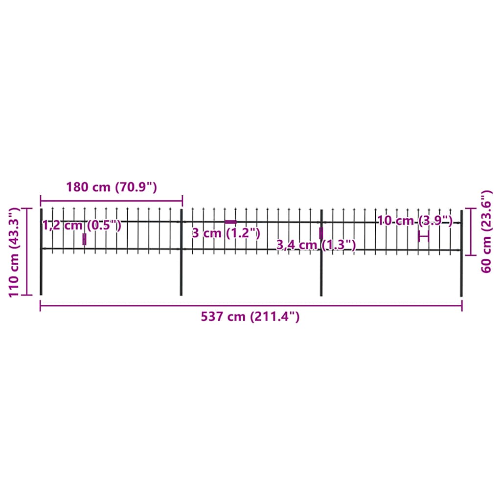Recinzione da Giardino con Punta a Lancia in Acciaio 537x60 cm Nero 277595