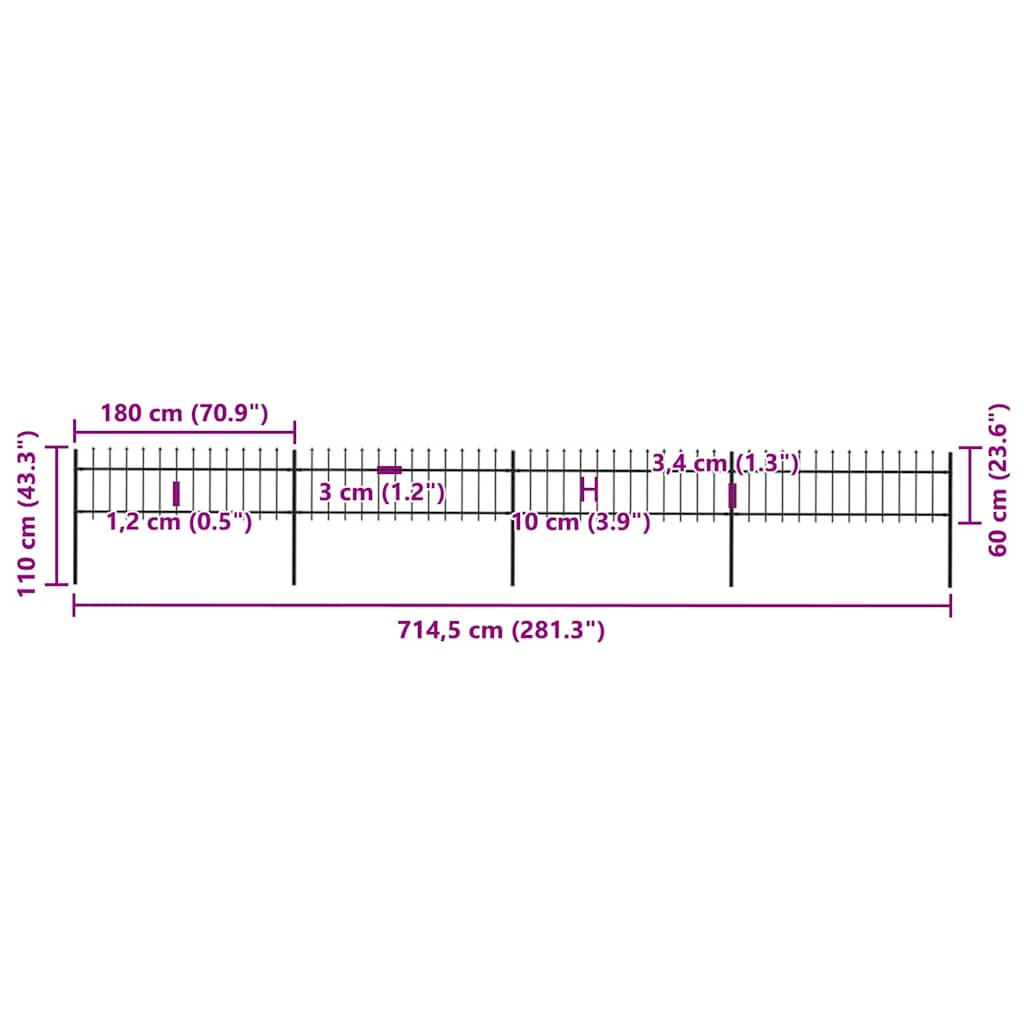 Recinzione da Giardino con Punta a Lancia Acciaio 6,8x0,6m Nera cod mxl 12091