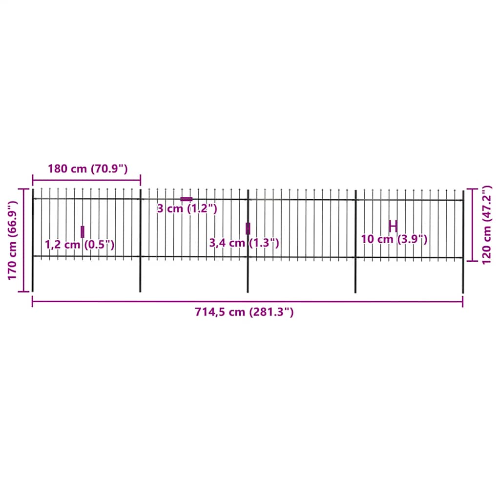 Recinzione da Giardino con Punta a Lancia Acciaio 6,8x1,2m Nera