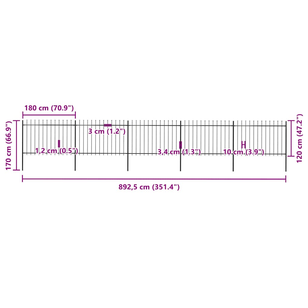 Recinzione Giardino con Punta a Lancia in Acciaio 8,5x1,2m Nera