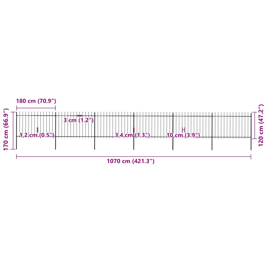 Recinzione da Giardino Punta a Lancia in Acciaio 10,2x1,2m Nera