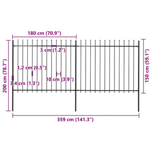 Recinzione Giardino con Punta a Lancia in Acciaio 3,4x1,5 m Nera cod mxl 9362