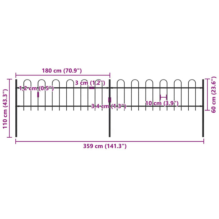 Recinzione da Giardino con Parte Superiore ad Anello in Acciaio 359x60 cm Nero 277639