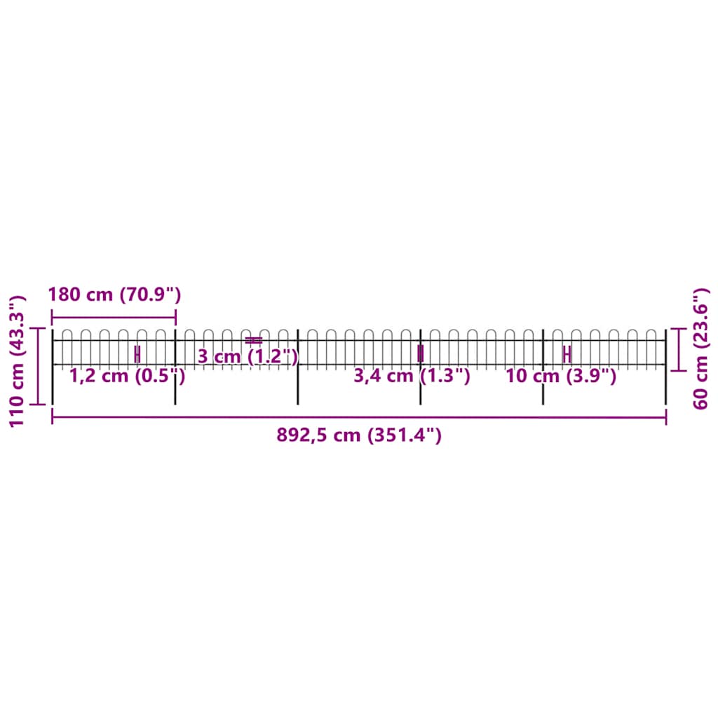 Recinzione da Giardino con Parte Superiore ad Anello in Acciaio 892,5x60 cm Nero 277642