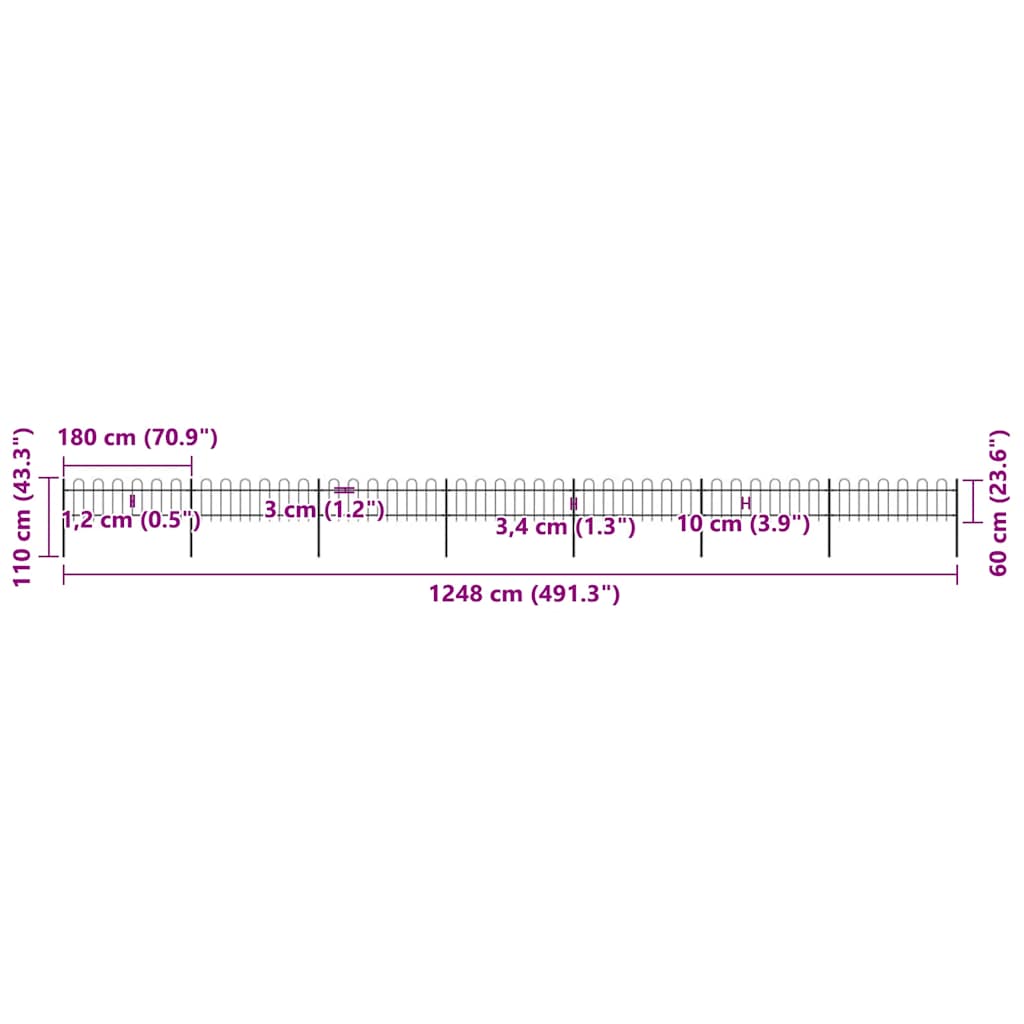 Recinzione da Giardino Punta Tonda in Acciaio 11,9x0,6 m Nera