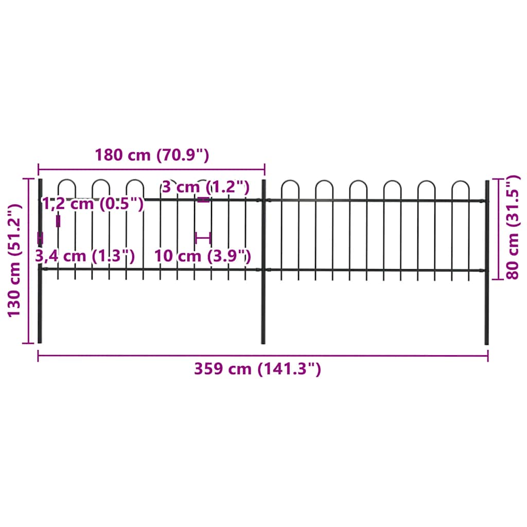 Recinzione da Giardino con Parte Superiore ad Anello in Acciaio 359x80 cm Nero 277648