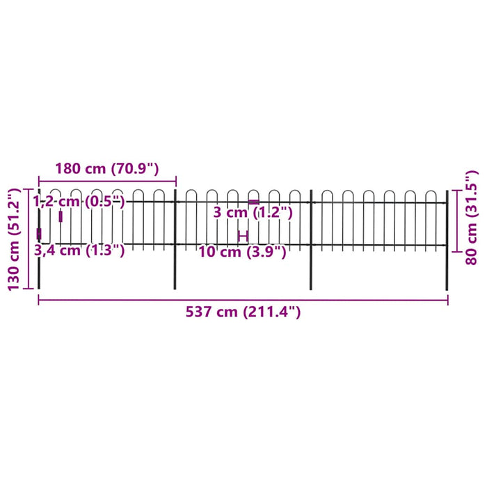 Recinzione da Giardino con Parte Superiore ad Anello in Acciaio 537x80 cm Nera 277649
