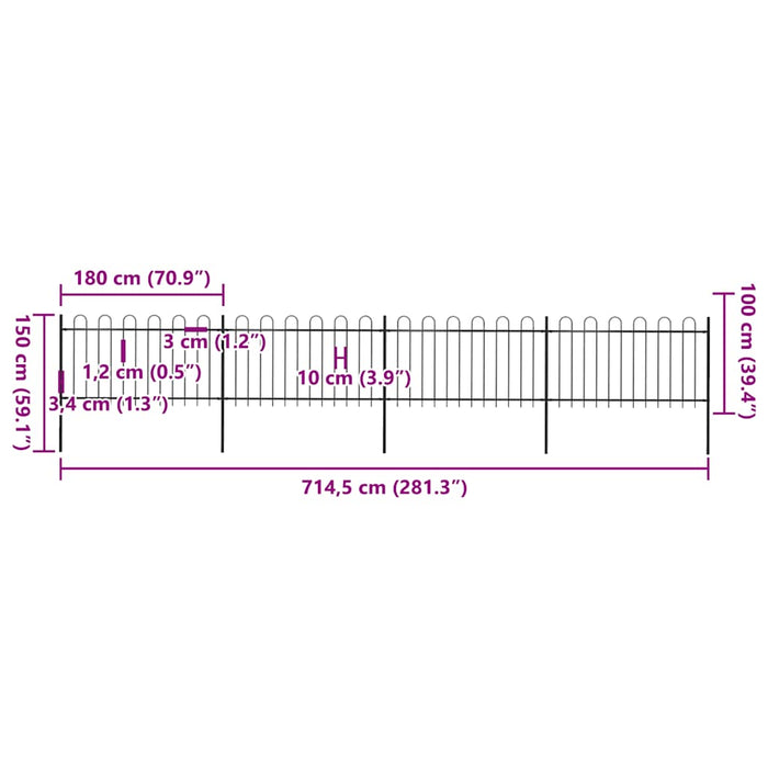 Recinzione da Giardino con Punta Tonda in Acciaio 6,8x1 m Nera