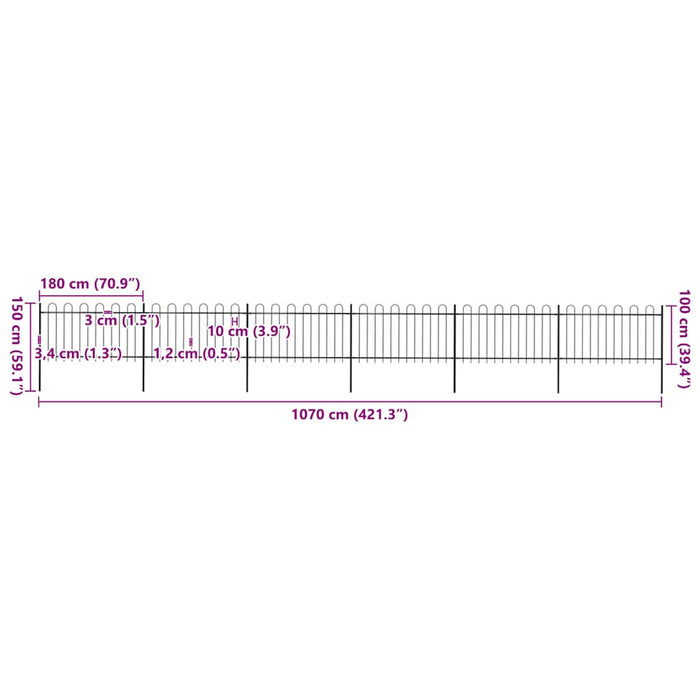 Recinzione da Giardino con Punta Tonda in Acciaio 10,2x1 m Nera