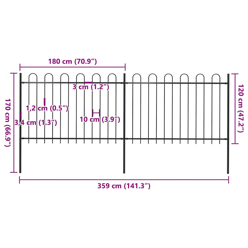 Recinzione Giardino con Punta Tonda in Acciaio 3,4x1,2 m Nera