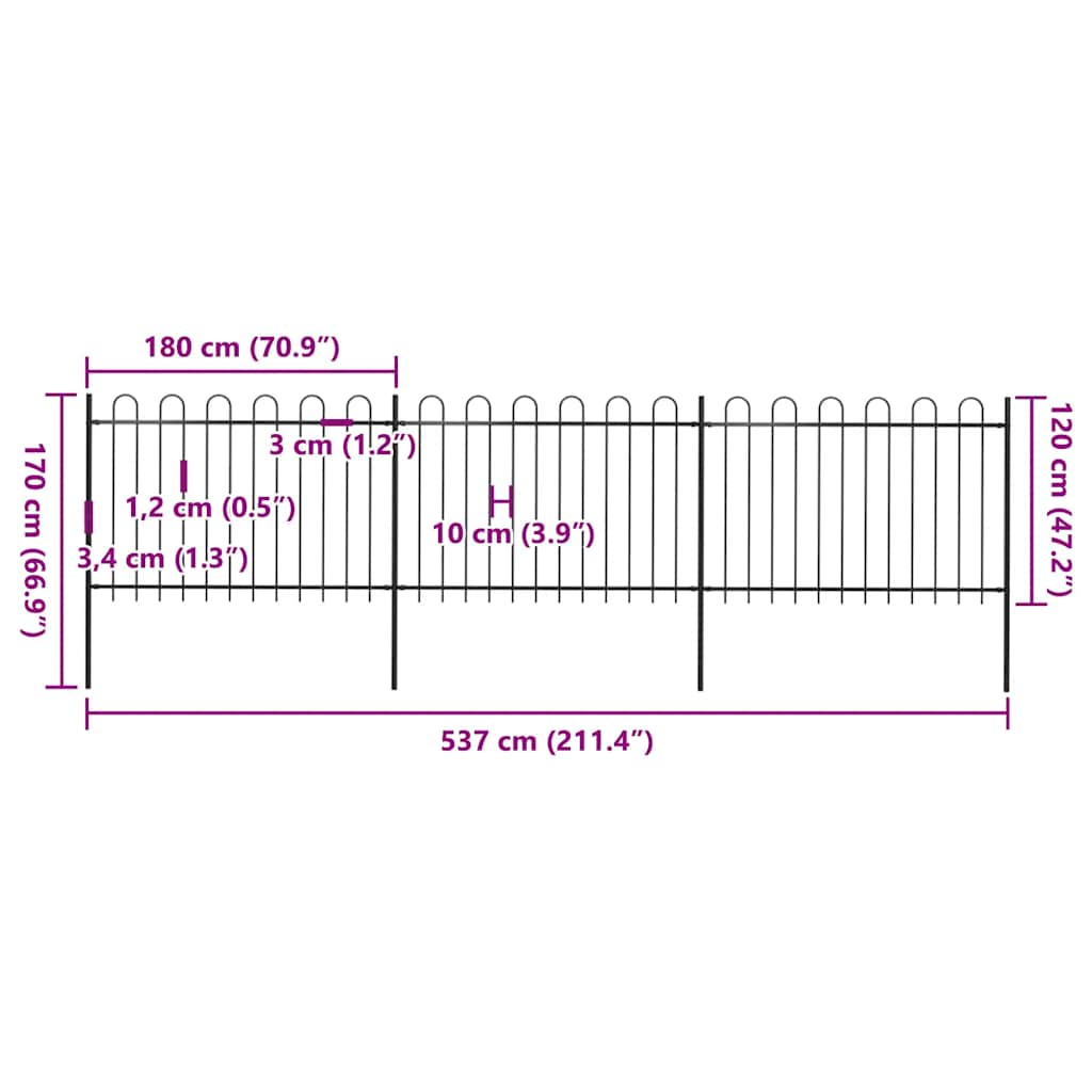 Recinzione da Giardino con Punta Tonda in Acciaio 5,1x1,2m Nera