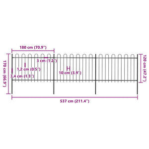 Recinzione da Giardino con Punta Tonda in Acciaio 5,1x1,2m Nera