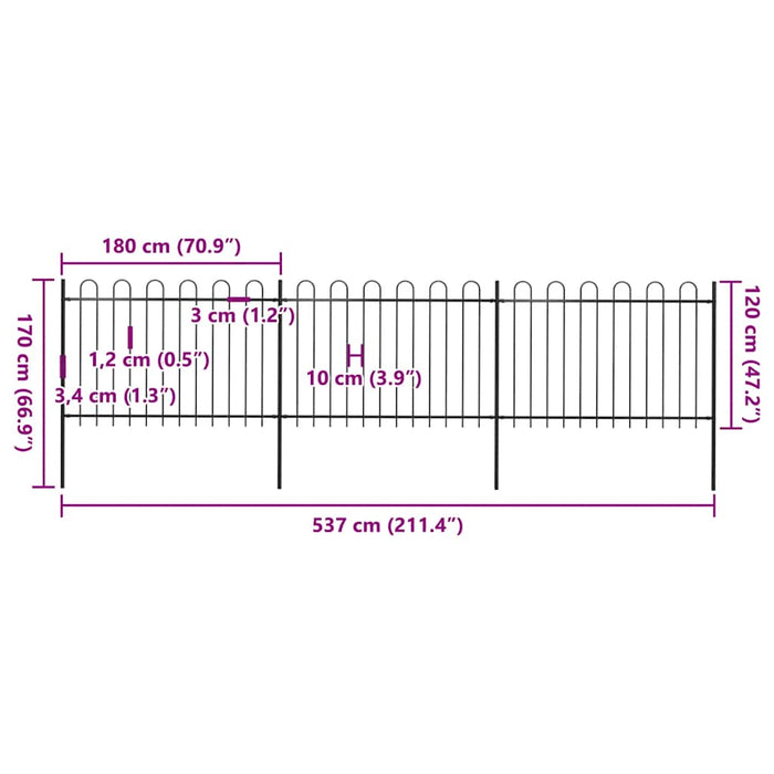 Recinzione da Giardino con Punta Tonda in Acciaio 5,1x1,2m Nera