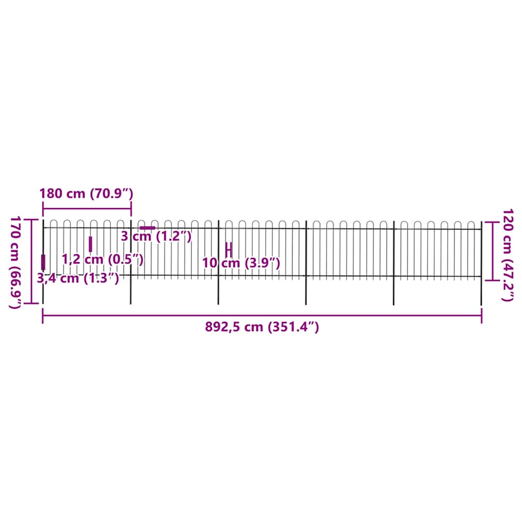 Recinzione Giardino con Punta Tonda in Acciaio 8,5x1,2 m Nera 277669