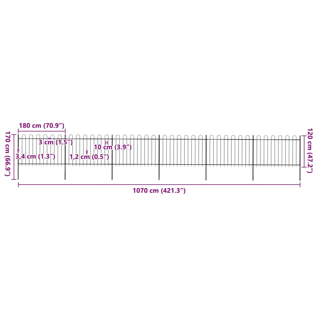 Recinzione da Giardino Punta Tonda in Acciaio 10,2x1,2m Nera