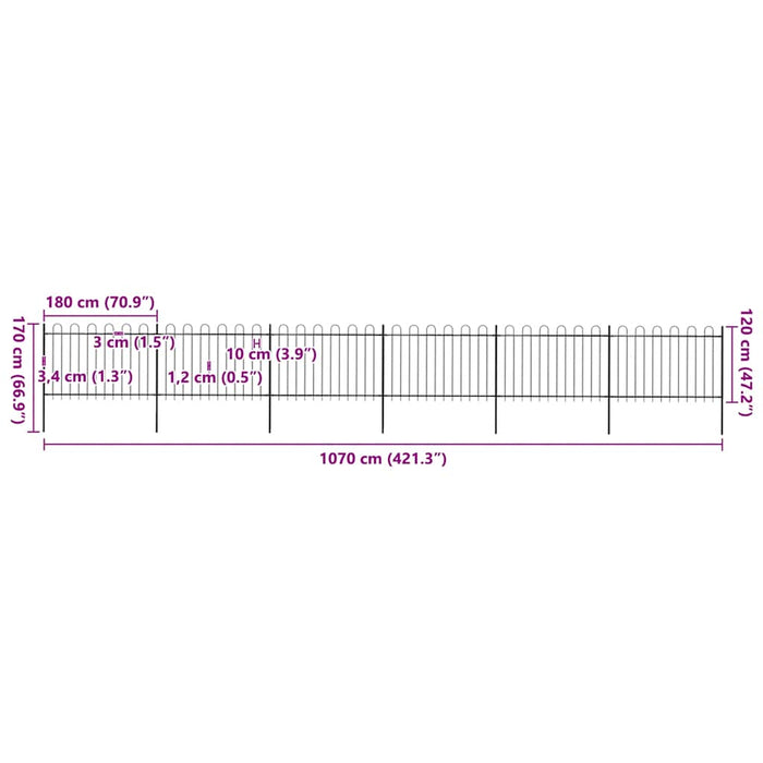 Recinzione da Giardino con Parte Superiore ad Anello in Acciaio 1070x120 cm Nera 277670