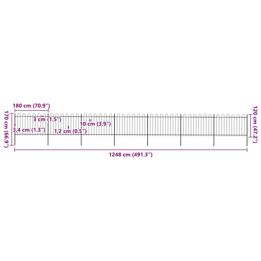 Recinzione da Giardino con Parte Superiore ad Anello in Acciaio 1248x120 cm Nero 277671