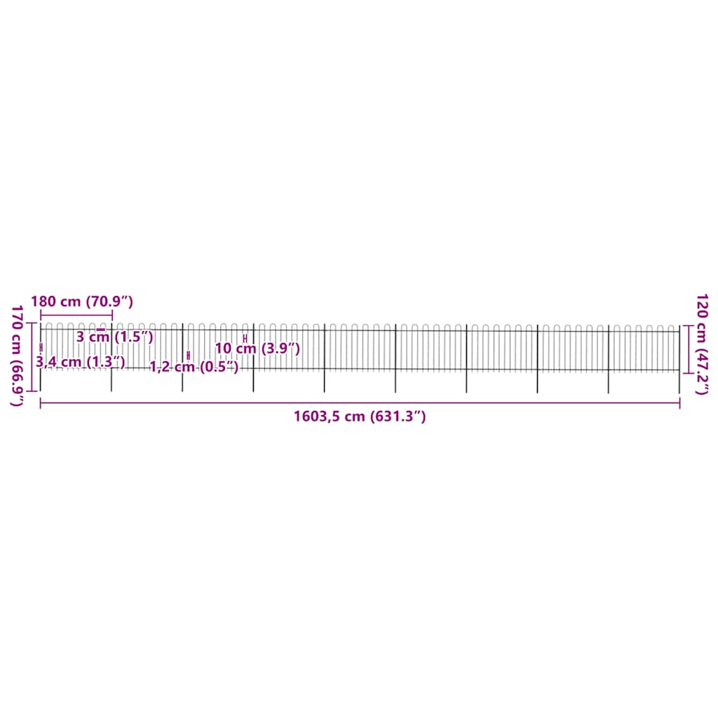 Recinzione da Giardino con Parte Superiore ad Anello in Acciaio 1603,5x120 cm Nero 277673