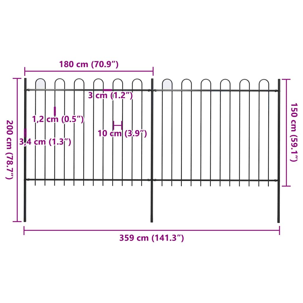 Recinzione da Giardino con Punta Tonda Acciaio 3,4x1,5 m Nera
