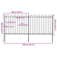 Recinzione da Giardino con Punta Tonda Acciaio 3,4x1,5 m Nera
