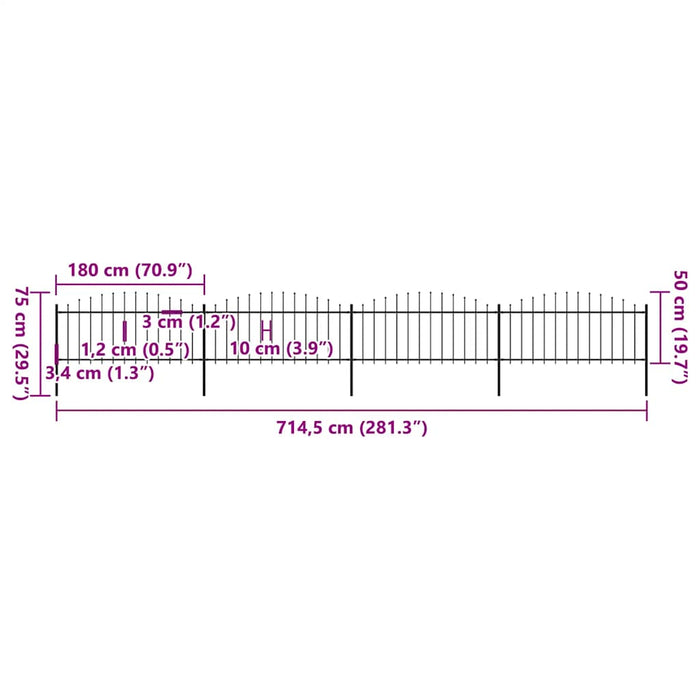 Recinzione Giardino Punta a Lancia (0,5-0,75)x6,8m Acciaio Nera