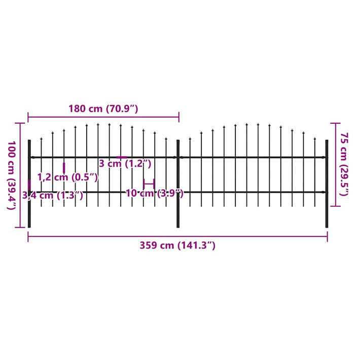 Recinzione Giardino Punta a Lancia (0,75-1)x3,4m Acciaio Nera