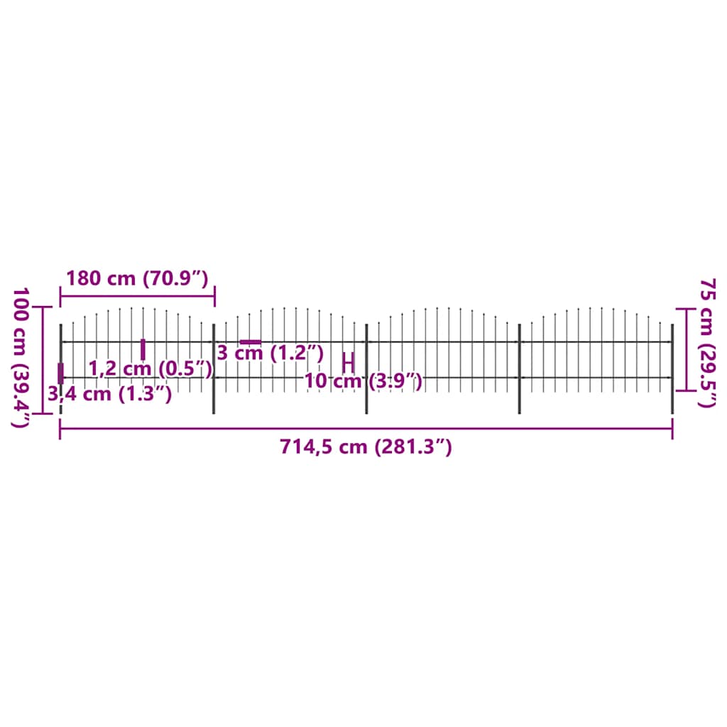 Recinzione Giardino Punta a Lancia (0,75-1)x6,8m Acciaio Nera