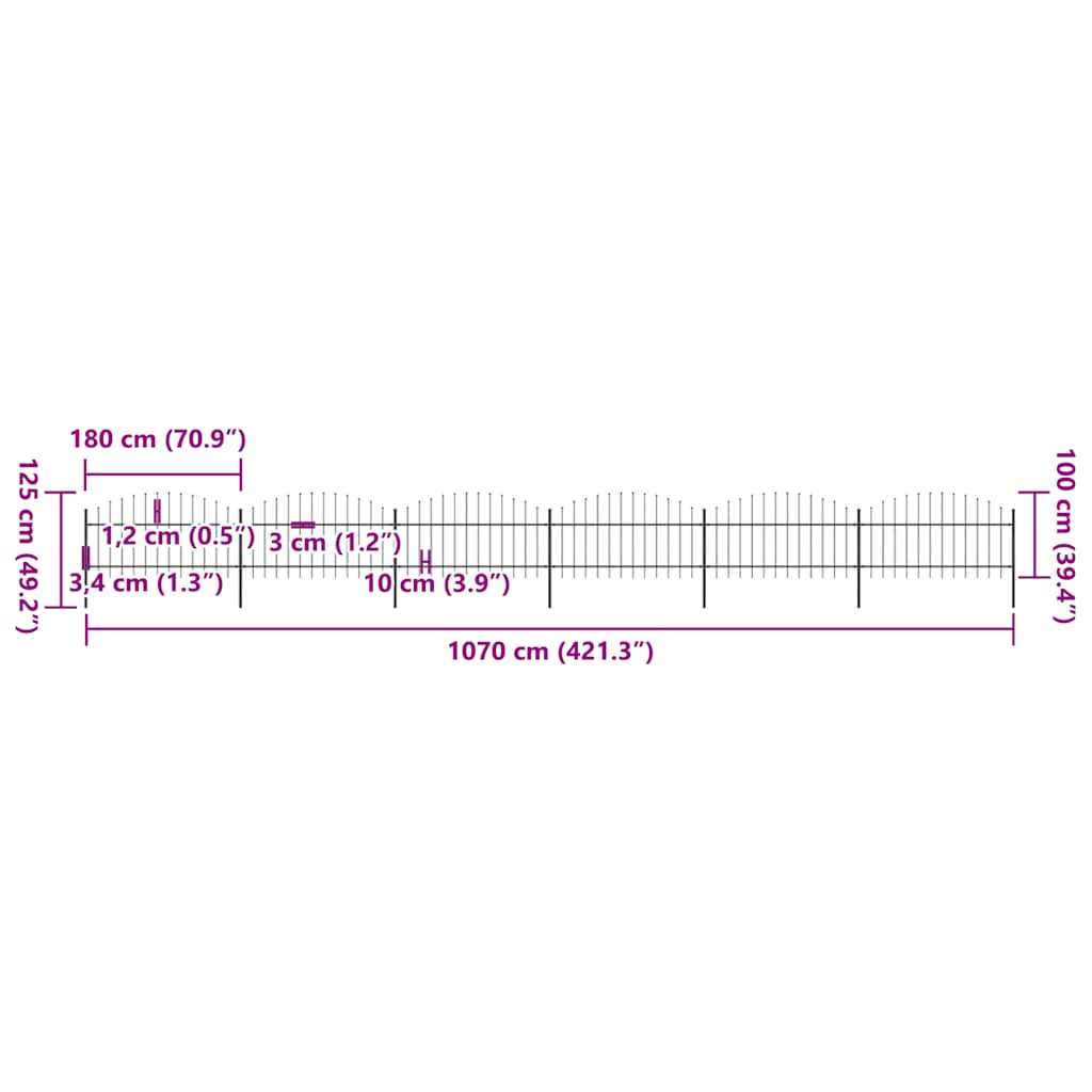 Recinzione da Giardino con Punta a Lancia in Acciaio 1070x125 cm Nero 277726