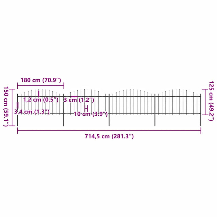 Recinzione Giardino Punta a Lancia (1,25-1,5)x3,4m Acciaio Nero