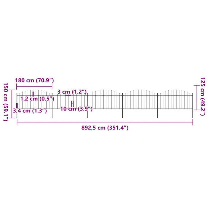 Recinzione Giardino Punta a Lancia (1,25-1,5)x8,5m Acciaio Nera cod mxl 12120