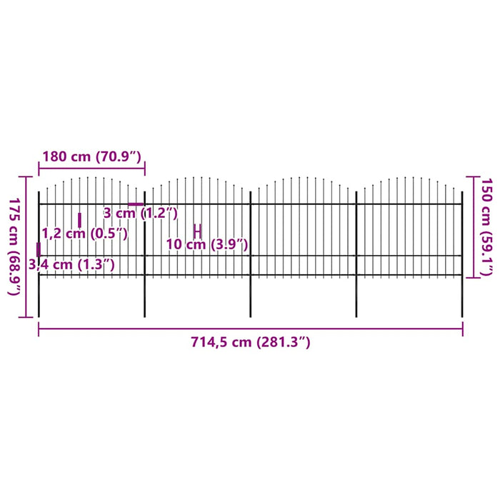 Recinzione Giardino Punta a Lancia (1,5-1,75)x6,8m Acciaio Nera cod mxl 19147