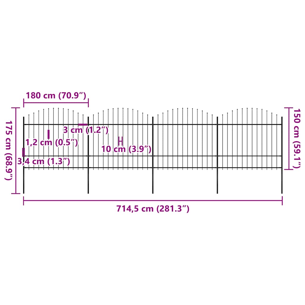 Recinzione da Giardino con Punta a Lancia in Acciaio 714,5x175 cm Nero 277742
