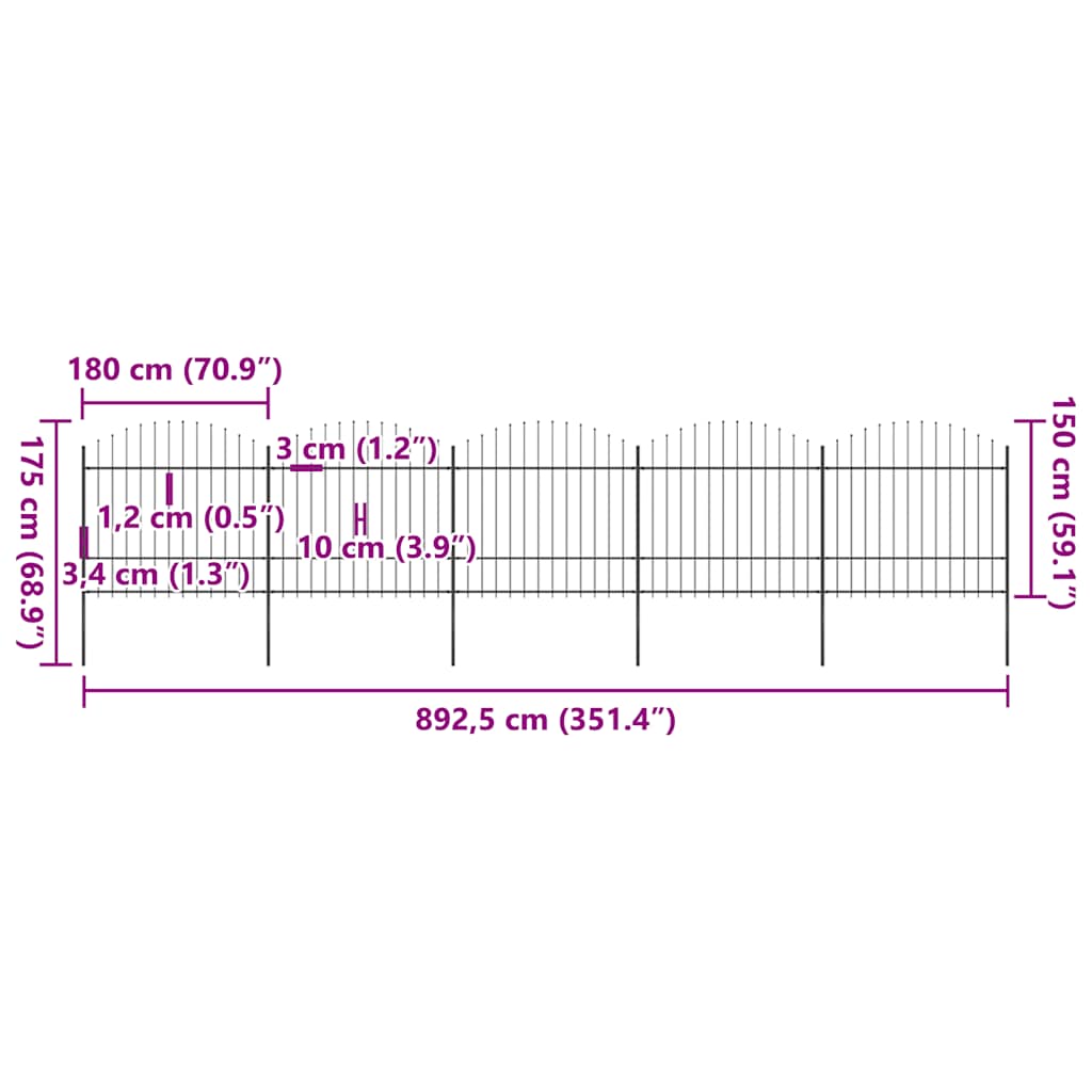 Recinzione da Giardino con Punta a Lancia in Acciaio 892,5x175 cm Nero 277743