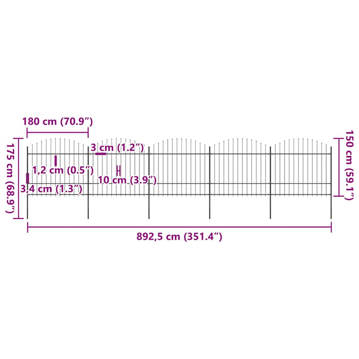 Recinzione da Giardino con Punta a Lancia in Acciaio 892,5x175 cm Nero 277743