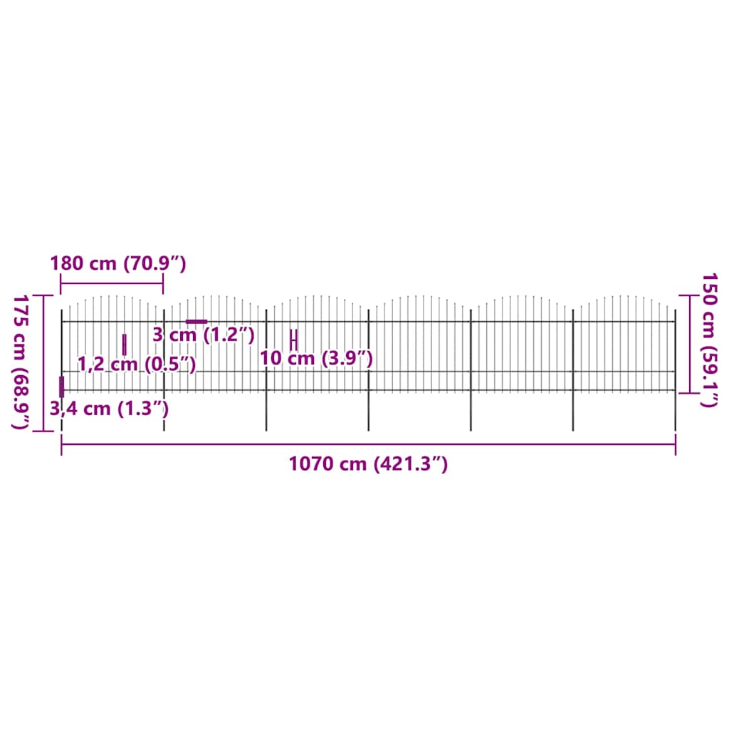Recinzione da Giardino con Punta a Lancia in Acciaio 1070x175 cm Nero 277744