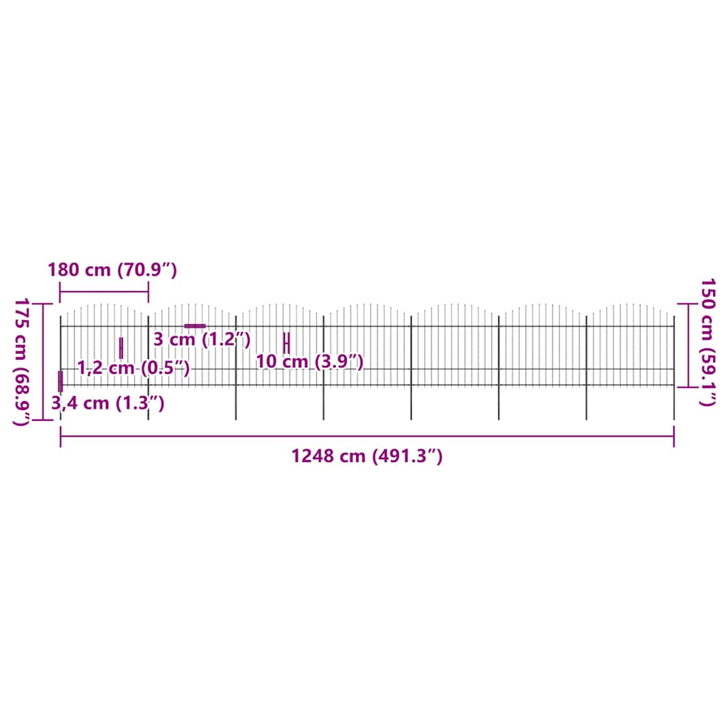 Recinzione da Giardino con Punta a Lancia in Acciaio 1248x175 cm Nero 277745