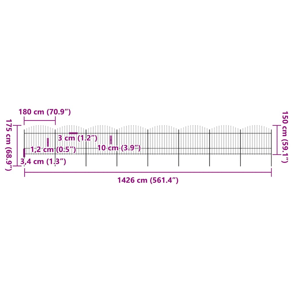 Recinzione da Giardino con Punta a Lancia in Acciaio 1426x175 cm Nera 277746