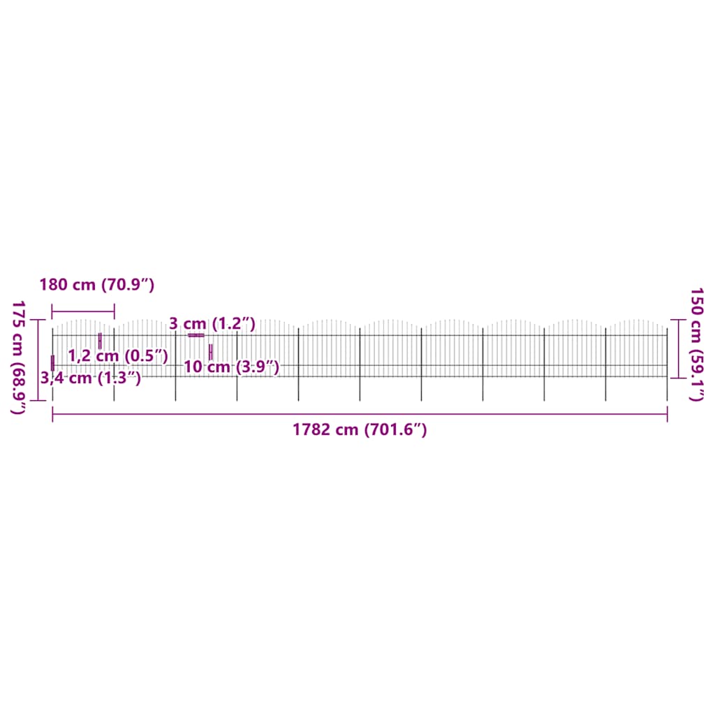 Recinzione da Giardino con Punta a Lancia in Acciaio 1781,5x175 cm Nero 277748