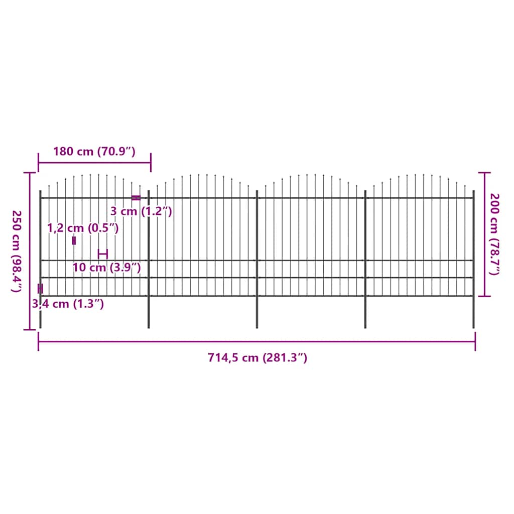 Recinzione da Giardino con Punta a Lancia in Acciaio 714,5x200 cm Nero 277751