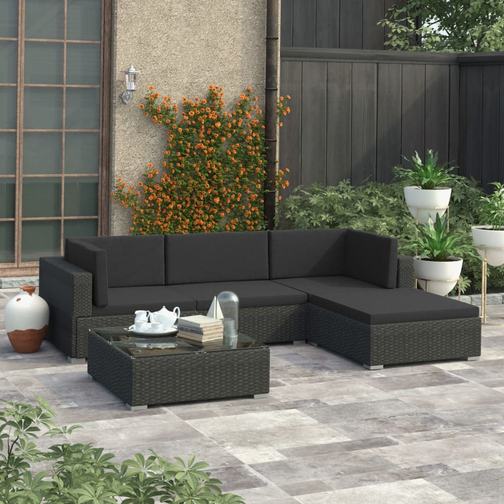Set Divani da Giardino 5 pz con Cuscini in Polyrattan Nero cod mxl 35753