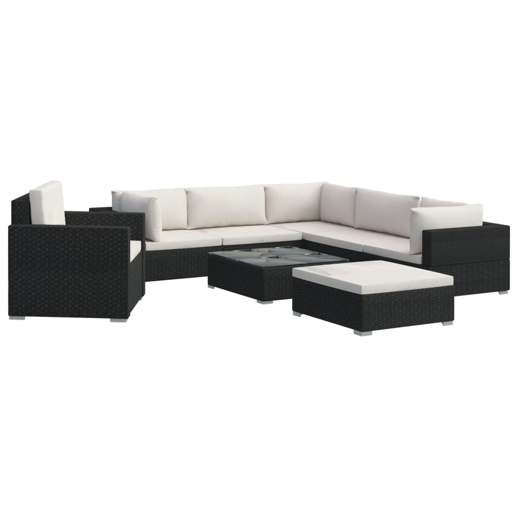 Set Divani da Giardino 8 pz con Cuscini in Polyrattan Nero 46766