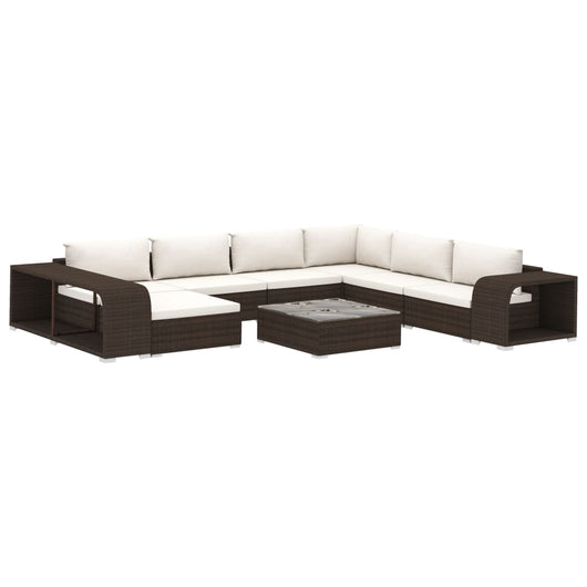 Set Divani da Giardino 10 pz con Cuscini in Polyrattan Marrone