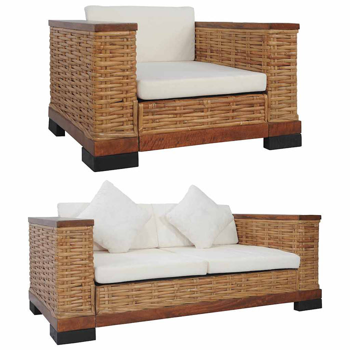 Set di Divani 3 pz con Cuscini in Rattan Naturale Marrone