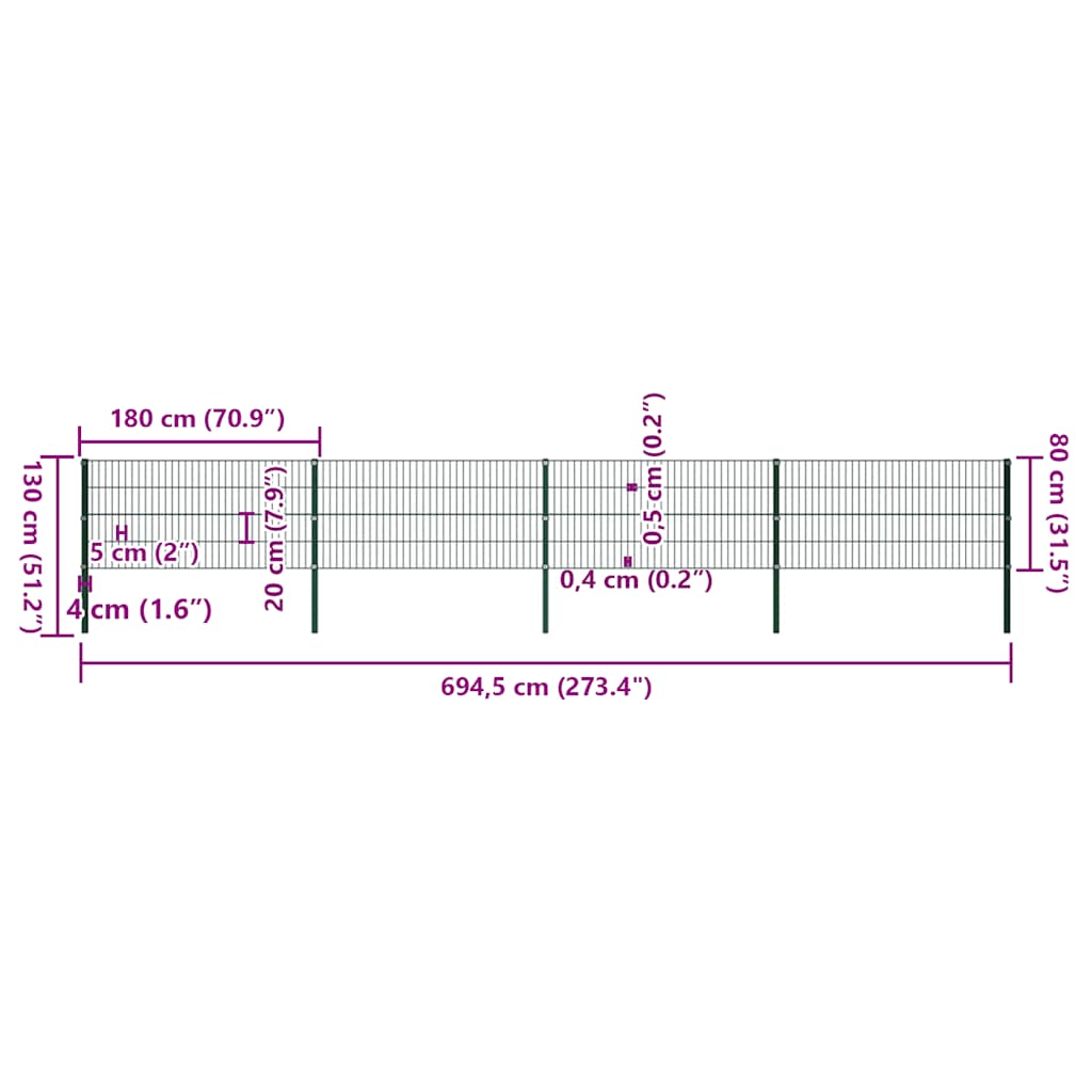 Pannello di Recinzione con Pali in Ferro 6,8x0,8 m Verde